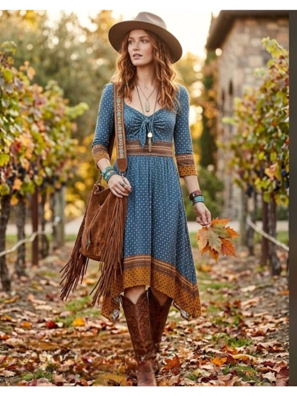 Maeve Anthropologie XS Blue Boho Chic Border Print Tie Front Midi Dress Fall